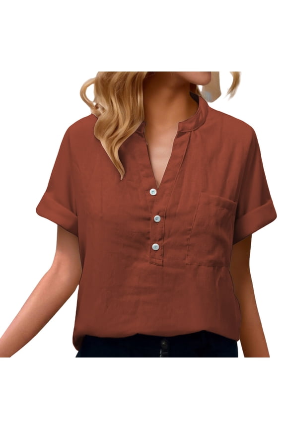Linen Shirts for Women Blouses Tops Batwing Sleeve Pocket Patched Shirt Work T Shirts Double Layer Wrinkled Fabric Button Down Shirts Cotton Gauze Tops Collared Blouses Loose Fit Coffee Xxl