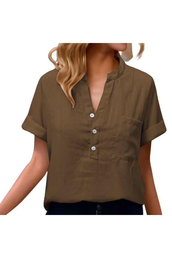 Linen Shirts for Women Blouses Tops Batwing Sleeve Pocket Patched Shirt Work T Shirts Double Layer Wrinkled Fabric Button Down Shirts Cotton Gauze Tops Collared Blouses Loose Fit Khaki 3Xl
