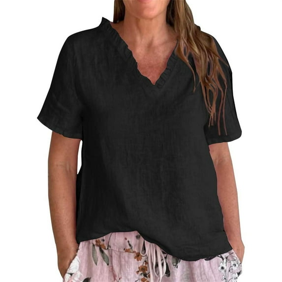 Holzkary Linen Shirts for Women Button Down Shirts Short Sleeve Cotton Collared V Neck Solid Casual Blouses Solid Color Cotton and Linen Ruffled V Neck Shirt Ruffled V Neck Tee Black 3Xl