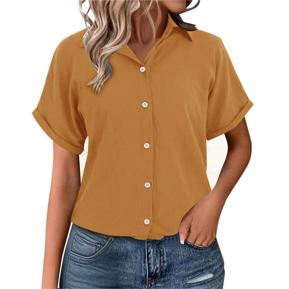 Holzkary Linen Shirts for Women Muslin Blouse Summer Shirt Blouse Short Sleeve Linen Blouse Tops V Neck Long Blouse Button Down Shirts Cotton Gauze Tops Collared Blouses Loose Fit Orange M