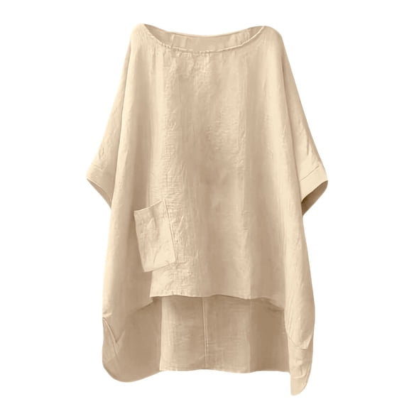 Holzkary Linen Shirts for Women Oversized Tshirts Women's Oversized Tshirt Casual Loose Summer Tops Fashion Irregularly High Blouse Crewneck Shirts Tees Khaki M