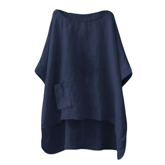 Holzkary Linen Shirts for Women Oversized Tshirts Women's Oversized Tshirt Casual Loose Summer Tops Fashion Irregularly High Blouse Crewneck Shirts Tees Navy L
