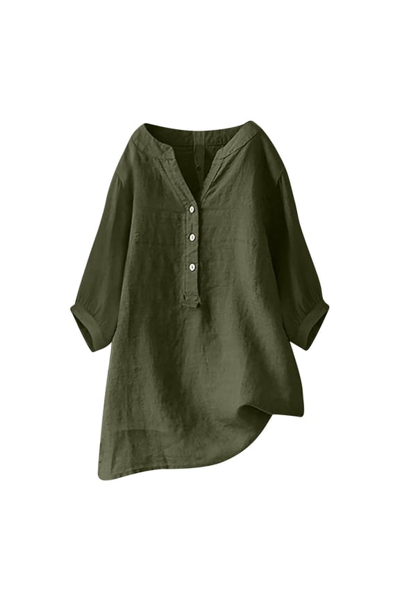 Linen Shirts for Women 2025 Summer 3/4 Sleeve Button Loose Fit Blouses Dressy Casual Vacation Tunic Tops Army Green S