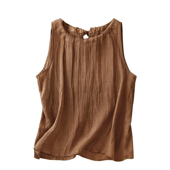 Holzkary Linen Tank Tops for Women,Sleeveless Tops Casual Summer Loose Fit T Shirts Solid Color Tunic Tank Tops Crew Neck Tee Pleated Tense Vest Retro Cotton Linen Loose Sleeveless Top Brown M
