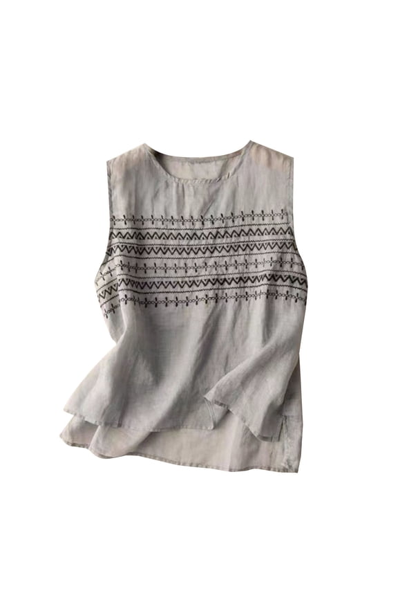 Linen Tank Tops for Women,Sleeveless Tops Casual Summer Loose Fit T Shirts Solid Color Tunic Tank Tops Crew Neck Tee Sleeveless Vest Suspender Solid Color Embroidered Vest Top Grey Xl
