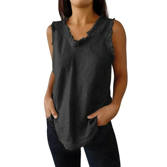 Holzkary Linen Tank Tops for Women,Sleeveless Tops Casual Summer Loose Fit T Shirts Solid Color Tunic Tank Tops V Neck Tee Plain Ruffled V Neck Tank Shirts Cool Edge Camisoles Black S
