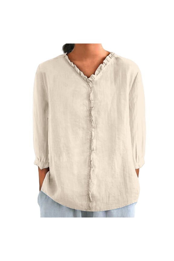 Linen Tops for Women 3/4 Sleeve V Neck Cute Basics Tees Casual Fashion Summer T Shirts Business Work Tee Top Autumn Lapel Art Solid Color Round Neck Loose Pullover Top Shirt T Shirt Beige L