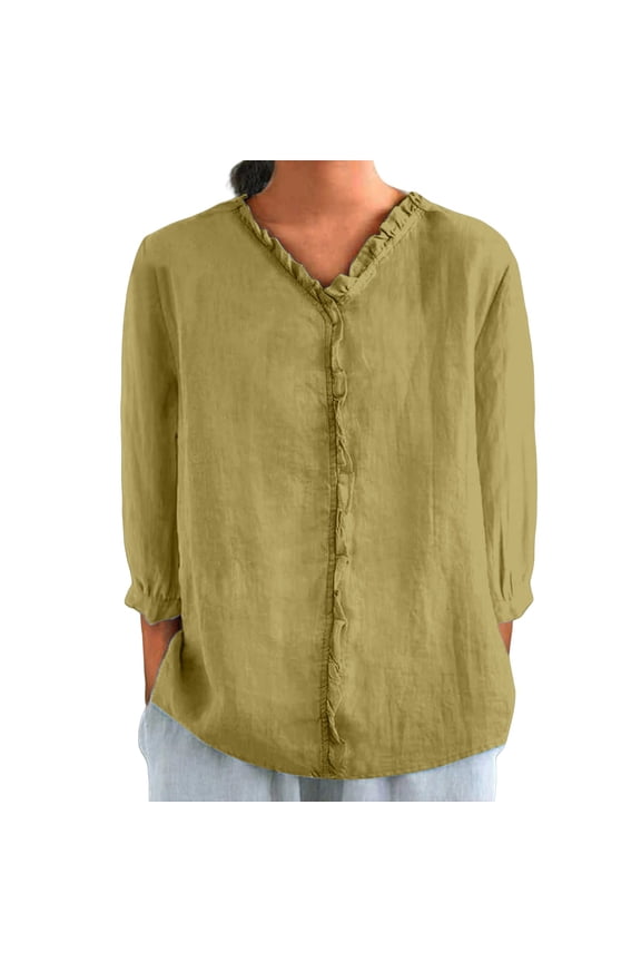 Linen Tops for Women 3/4 Sleeve V Neck Cute Basics Tees Casual Fashion Summer T Shirts Business Work Tee Top Autumn Lapel Art Solid Color Round Neck Loose Pullover Top Shirt T Shirt Yellow S