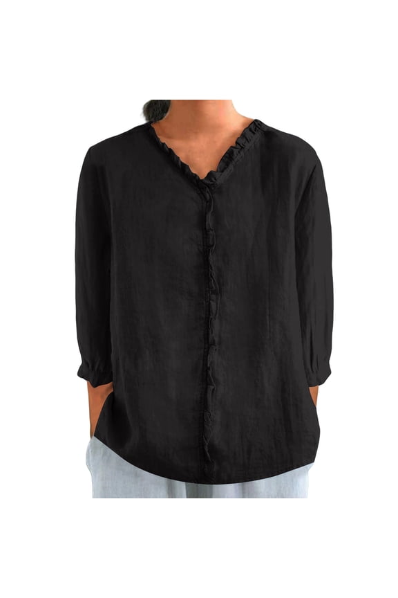 Linen Tops for Women 3/4 Sleeve V Neck Cute Basics Tees Casual Fashion Summer T Shirts Business Work Tee Top Autumn Lapel Art Solid Color Round Neck Loose Pullover Top Shirt T Shirt Black 3Xl