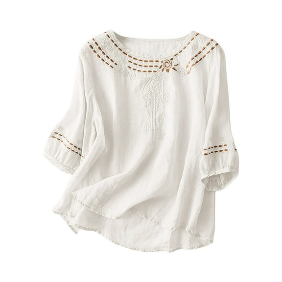 Holzkary Linen Tops for Women Ladies' Casual Solid Color Cotton Linen Blouse Shirt Embroidered T Shirt Solid Color Loose Fit Casual Trendy Vacation Blouse White 3Xl