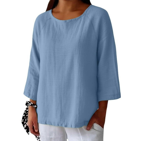 Holzkary Linen Tops for Women Loose Fit 3/4 Sleeve Gauze Shirts Casual Drop Shoulder Lightweight Three Quarter Blouses Solid Color Cotton Linen Round Neck and Nine Quarter Sleeves Shirt Blue S
