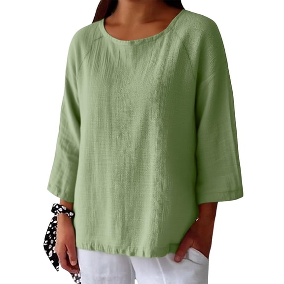 Holzkary Linen Tops for Women Loose Fit 3/4 Sleeve Gauze Shirts Casual Drop Shoulder Lightweight Three Quarter Blouses Solid Color Cotton Linen Round Neck and Nine Quarter Sleeves Shirt Green Xxl