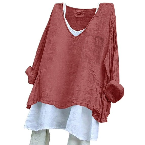 Holzkary Linen Tops for Women Loose Fit Basic Solid Tunic Tops Flowy Hem Boho Clothing Trendy 2025 Women's Solid Color Loose Plus Size Long Cotton Texture Dress Shirt Watermelon Red Xl