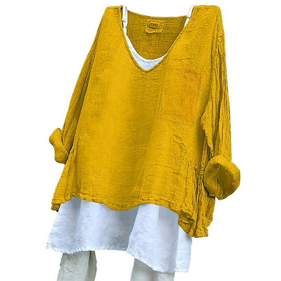 Holzkary Linen Tops for Women Loose Fit Basic Solid Tunic Tops Flowy Hem Boho Clothing Trendy 2025 Women's Solid Color Loose Plus Size Long Cotton Texture Dress Shirt Yellow 3Xl