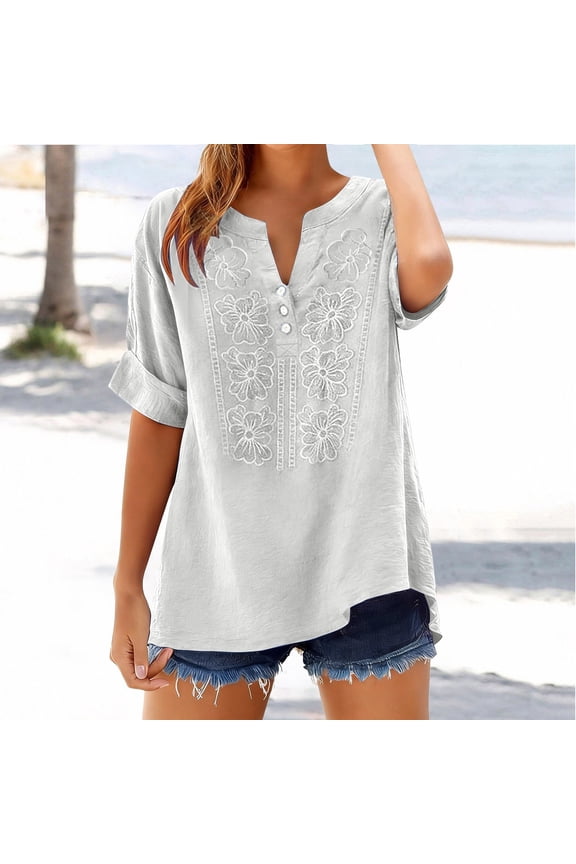 Linen Tops for Women Mexican Shirts Lightweight Pullover Shirt Cotton Linen Tops Solid Color Pullover Shirts Work Tees Vacation Beach Solid Blouses Bohemian Tops Summer Gauze Shirts White L