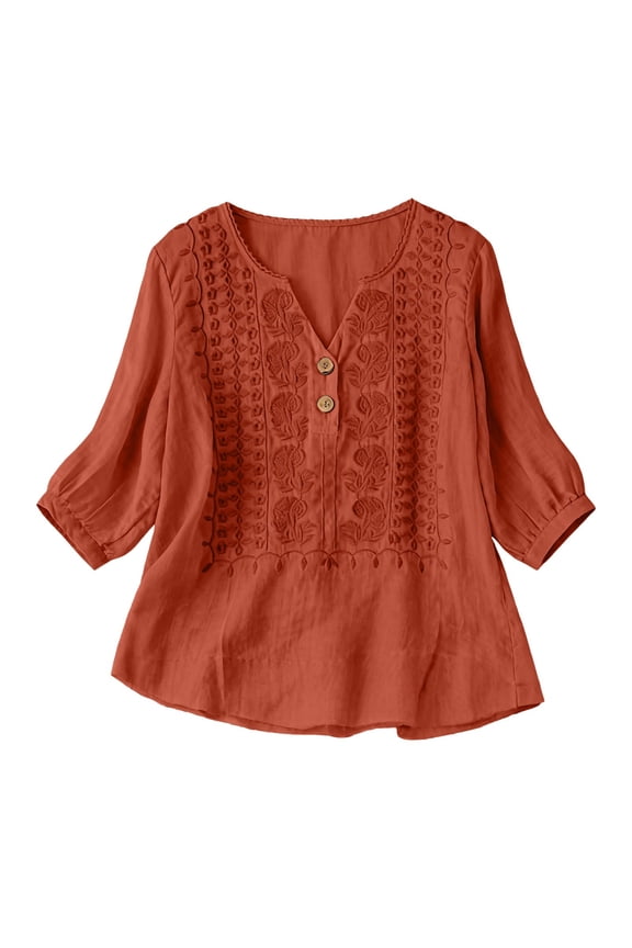 Linen Tops for Women Summer Gauze Shirts Lightweight Pullover Shirt Cotton Linen Tops Relaxed Fit Basic Tee Summer Tops for Women Loose Fit Blouses Solid Color Pullover Shirts Orange 3XL