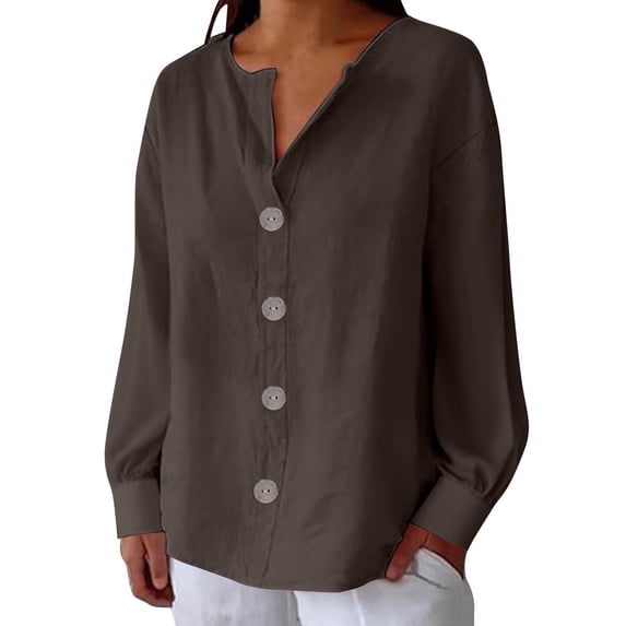 Holzkary Linen Tops for Women Summer V Neck Long Sleeve Womens Tops with Button Down Casual Loose Blouses Womens Fall 2025 Button V Neck Blouse Long Sleeve Blouses Loose Fit Shirt Tops Bronze S