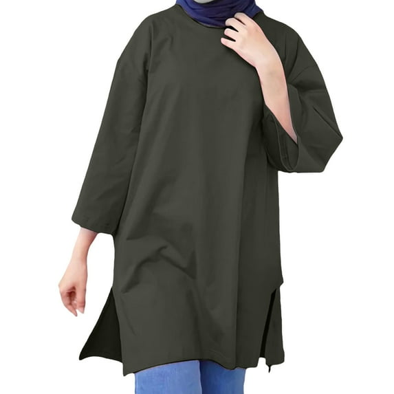 Holzkary Long Shirts for Muslim Women Autumn New Muslim Stand Up Collar Button Solid Color Long Sleeved Shirt Green S