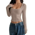 thumbnail image 1 of Holzkary Long Sleeve Crop Tops for Women Square Neck Ribbed Slim Fit Y2K Trendy Teen Girls Cloths Rib Knit Cropped Tee Square Neck T Shirts Neck Ribbed Knit Casual Tops Tee Slim Basic Shirts Khaki L, 1 of 1