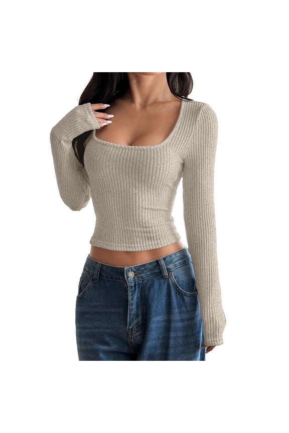 Long Sleeve Crop Tops for Women Square Neck Ribbed Slim Fit Y2K Trendy Teen Girls Cloths Rib Knit Cropped Tee Square Neck T Shirts Neck Ribbed Knit Casual Tops Tee Slim Basic Shirts Beige S
