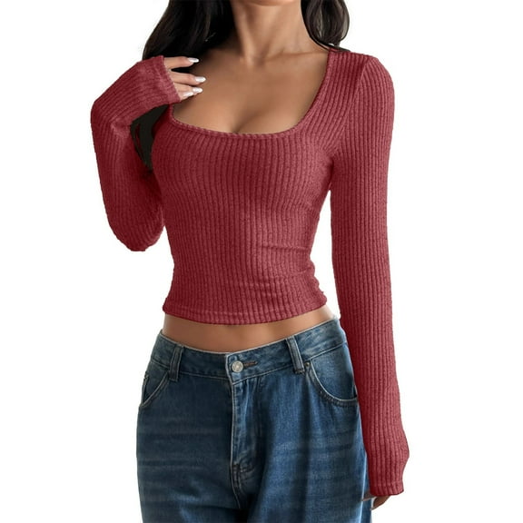 Holzkary Long Sleeve Crop Tops for Women Square Neck Ribbed Slim Fit Y2K Trendy Teen Girls Cloths Rib Knit Cropped Tee Square Neck T Shirts Neck Ribbed Knit Casual Tops Tee Slim Basic Shirts Wine Xxl