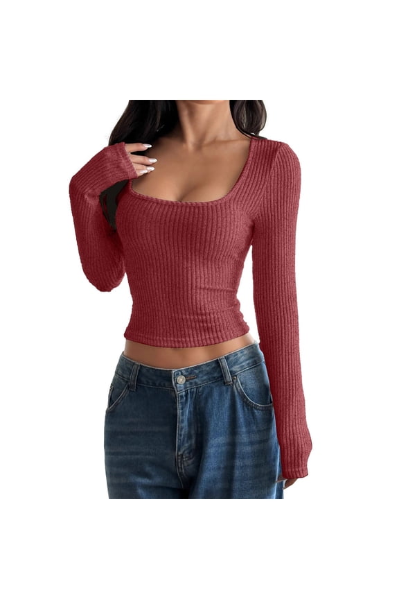 Long Sleeve Crop Tops for Women Square Neck Ribbed Slim Fit Y2K Trendy Teen Girls Cloths Rib Knit Cropped Tee Square Neck T Shirts Neck Ribbed Knit Casual Tops Tee Slim Basic Shirts Wine M