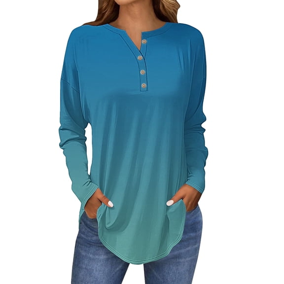 Holzkary Long Sleeve Henley Shirts for Women Business V Neck Casual Lightweight Tunic Sweatshirt Tops Loose Fit Blouses Fall Clothing Long Sleeve Tops for Women Neck Casual Petite T Shirts Sky Blue M