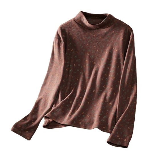 Holzkary Long Sleeve Shirts for Women Double German Velvet Thickened High Neck Elastic Long Sleeved Warm T Shirt Top for Women Pullover Winter Warm Crew Neck Tops Coffee L