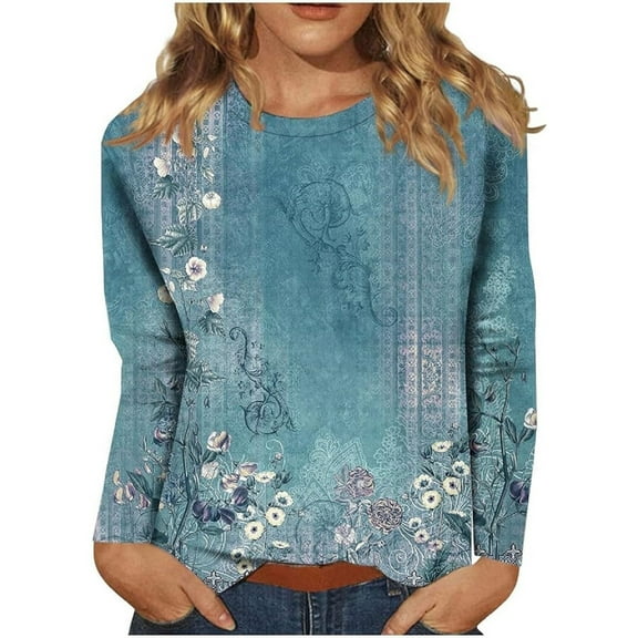 Holzkary Long Sleeve Shirts for Women Floral Top 2025 Fall Clothes Hippie Crew Neck Sweatshirt Casual Blouses Shirts T Shirts Crew Neck Shirts Basic Tee Sort Comfy Printed Tops Blouse Sky Blue M