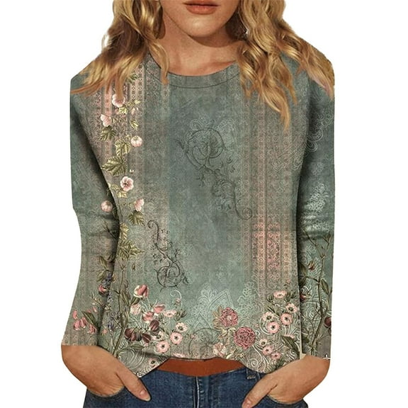 Holzkary Long Sleeve Shirts for Women Floral Top 2025 Fall Clothes Hippie Crew Neck Sweatshirt Casual Blouses Shirts T Shirts Crew Neck Shirts Basic Tee Sort Comfy Printed Tops Blouse Green Xxl