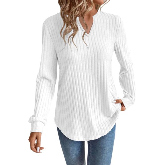 Holzkary Long Sleeve Shirts for Women Lace Lightweight Top Sweaters Business Dressy Casual Tunic Blouse Side Split Womens Shirts Fall Fashion 2025 Tops V Neck Sweatshirts Loose Fit Sweaters White S