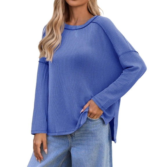 Holzkary Long Sleeve Shirts for Women Lightweight Tunic Tops Side Split Womens Long Sleeve Shirts Oversized Fall Ribbed Side Slit Tops Casual Textured Loose Fit Sweaters Tees Blue Xxl