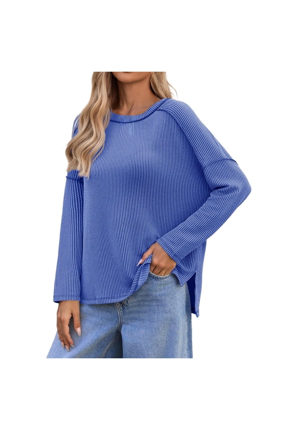 Long Sleeve Shirts for Women Lightweight Tunic Tops Side Split Womens Long Sleeve Shirts Oversized Fall Ribbed Side Slit Tops Casual Textured Loose Fit Sweaters Tees Blue Xxl