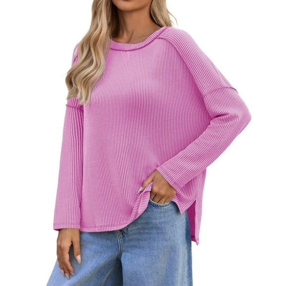 Holzkary Long Sleeve Shirts for Women Lightweight Tunic Tops Side Split Womens Long Sleeve Shirts Oversized Fall Ribbed Side Slit Tops Casual Textured Loose Fit Sweaters Tees Pink S