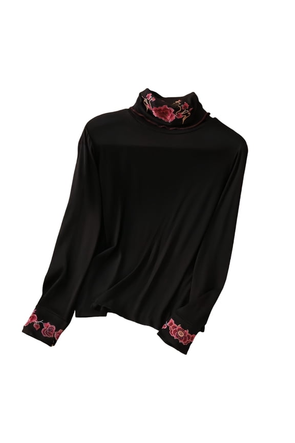 Long Sleeve Shirts for Women National Flower Embroidery Long Sleeved Shirt Chinese Wool Lined Shirt Oriental Standing Collar Pullover Winter Warm Crew Neck Tops Black L