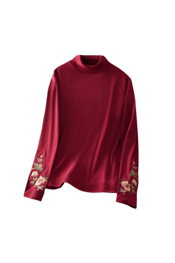 Long Sleeve Shirts for Women National Flower Embroidery Long Sleeved Shirt Chinese Wool Lined Shirt Oriental Standing Collar Pullover Winter Warm Turtleneck Tops Red Xl