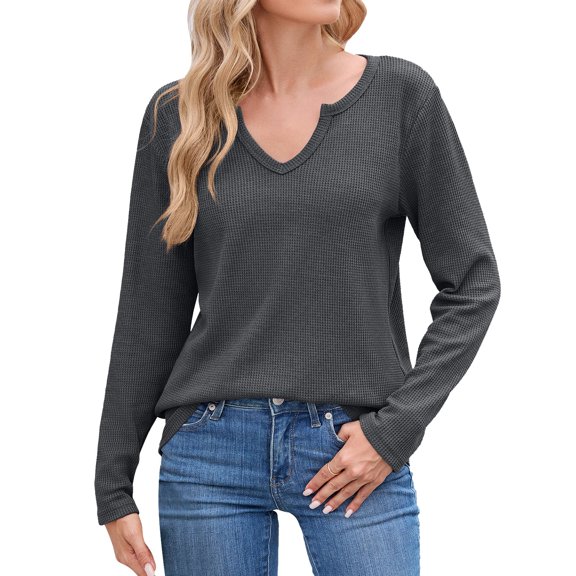 Holzkary Long Sleeve Shirts for Women V Neck Casual Tunic Loose Fit Basic Shirts Trendy Tops for Women 2025 Fashionable Casual Autumn Winter V Neck Casual Loose T Shirt Top Dark Grey M