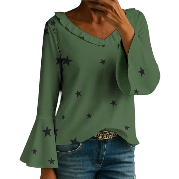 Holzkary Long Sleeve Shirts for Women Star Notch Button V Neck Stars Graphic Shirt Tshirt Elegant Tops Winter Fall Comfortable Elegant Shirt Green L