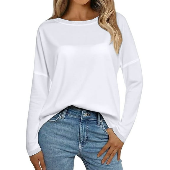 Holzkary Long Sleeve Tops for Women Fall Fashion Outfits 2025 Crewneck Knit Basic Tee Shirts Business Casual Tops New Round Neck Loose T Shirts Comfortable Commute Fashion Lady T Shirt White Xl