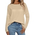 thumbnail image 1 of Holzkary Long Sleeve Tops for Women Fall Fashion Outfits 2025 Crewneck Knit Basic Tee Shirts Business Casual Tops New Round Neck Loose T Shirts Comfortable Commute Fashion Lady T Shirt Beige L, 1 of 5