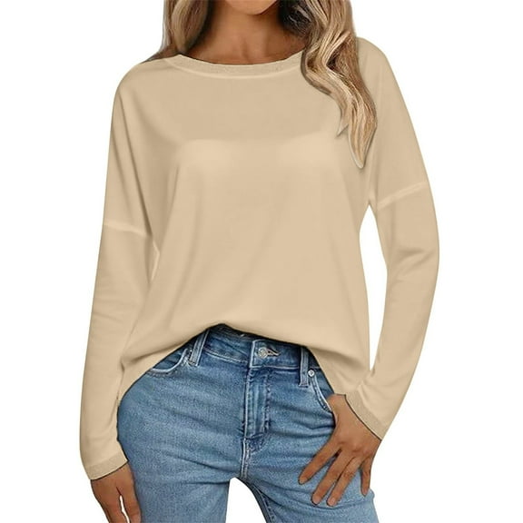 Holzkary Long Sleeve Tops for Women Fall Fashion Outfits 2025 Crewneck Knit Basic Tee Shirts Business Casual Tops New Round Neck Loose T Shirts Comfortable Commute Fashion Lady T Shirt Beige L