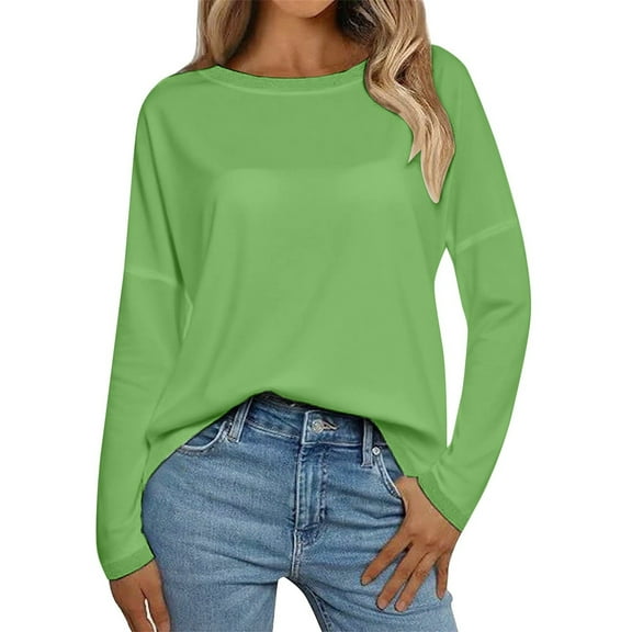 Holzkary Long Sleeve Tops for Women Fall Fashion Outfits 2025 Crewneck Knit Basic Tee Shirts Business Casual Tops New Round Neck Loose T Shirts Comfortable Commute Fashion Lady T Shirt Mint Green L
