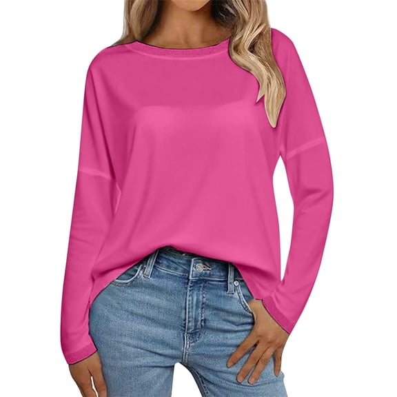 Holzkary Long Sleeve Tops for Women Fall Fashion Outfits 2025 Crewneck Knit Basic Tee Shirts Business Casual Tops New Round Neck Loose T Shirts Comfortable Commute Fashion Lady T Shirt Hot Pink L