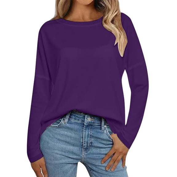 Holzkary Long Sleeve Tops for Women Fall Fashion Outfits 2025 Crewneck Knit Basic Tee Shirts Business Casual Tops New Round Neck Loose T Shirts Comfortable Commute Fashion Lady T Shirt Purple L
