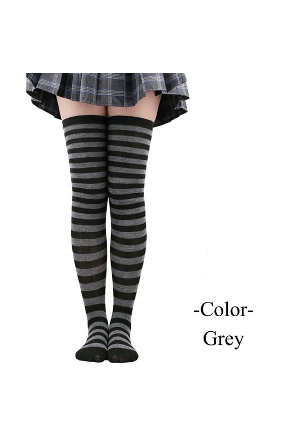 Long Striped Socks Over Knee Thigh High Stockings for Women Girls Cosplay Christmas Costumes Party Supplies Grey One size