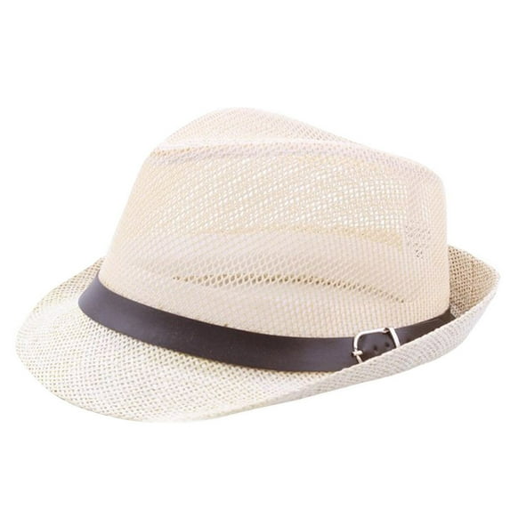 Holzkary Men Straw Fedoras Summer Trilby Hat Vintage Mesh Panama Sun Hat Short Brim Beach Travel Hat British Safari Classic Jazz Hat Outdoor Bucket Beige One size