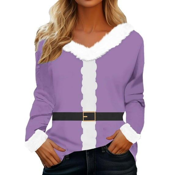 Holzkary Merry Christmas Sweatshirt for Women Faux Fur Trim V Neck Sweatshirts Graphic Xmas Long Sleeve Holiday Pullover Christmas Plush Collar Plush Cuffs Gradientt Shirt Purple M
