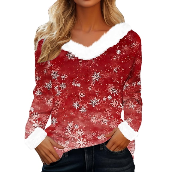 Holzkary Merry Christmas Sweatshirt for Women Faux Fur Trim V Neck Sweatshirts Graphic Xmas Long Sleeve Holiday Pullover Christmas Snowflake Print Plush Collar Plush Cuffs Long Sleeved T Shirt Red Xl