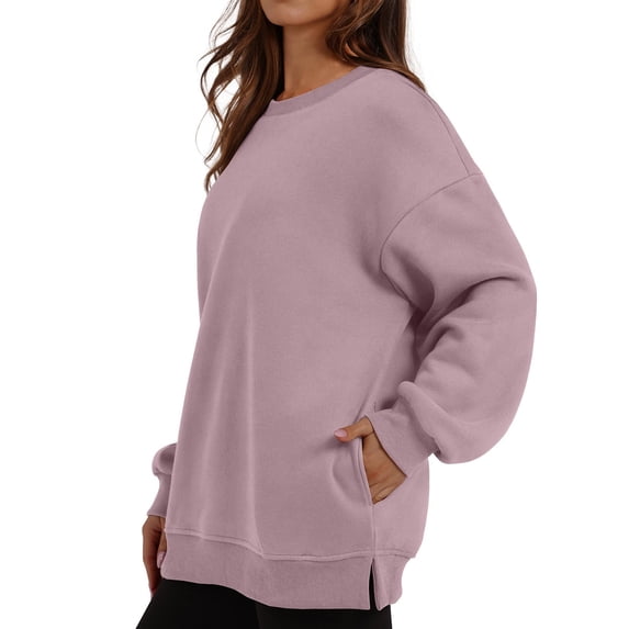 Holzkary Oversized Sweatshirt for Women Crewneck Long Sleeve Fleece Pullover Fall Winter Clothing,Y2K Tops with Side Pockets Athletic Work Out Gym Sweat Shirts Travel Airport Clothes White S