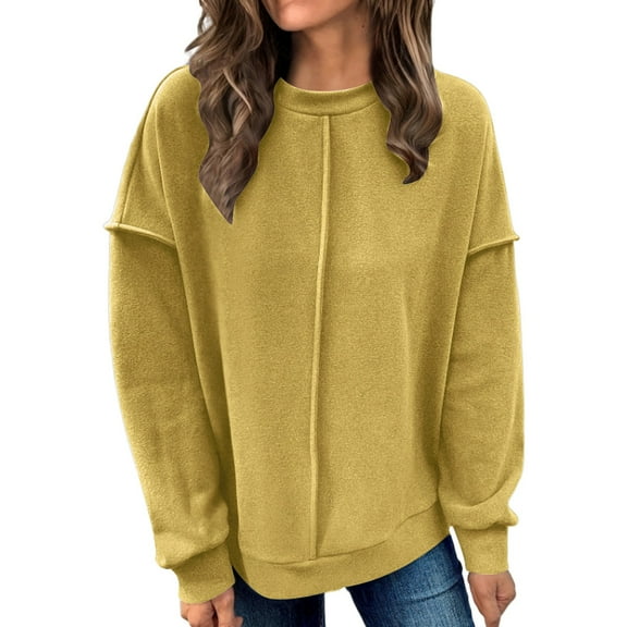 Holzkary Oversized Sweatshirt for Women Loose Pullover Knit Sweatshirt with Exposed Seams & Loose Fit Casual Long Sleeve Sweatshirt Comfy Fall Winter Outfits Clothes 2025 Fashion Yellow M